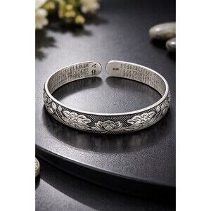 S999 Fine Silver Heart Sutra Cuff Bracelet Chinese Lotus Koi Buddhist 32g